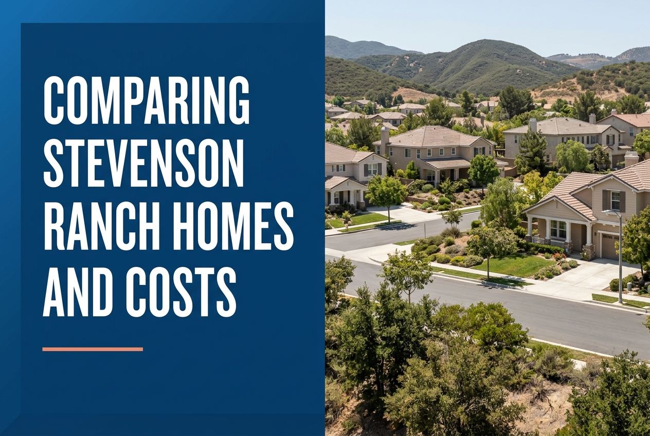 A split-screen graphic with a blue text panel on the left reading 'COMPARING STEVENSON RANCH HOMES AND COSTS' and a residential streetscape.