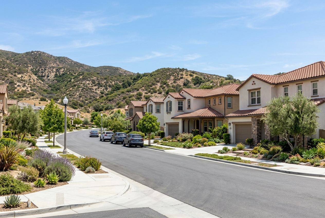 A quiet residential street in Valencia, CA featuring stucco homes with tiled roofs, drought-tolerant landscaping, and rolling hills.