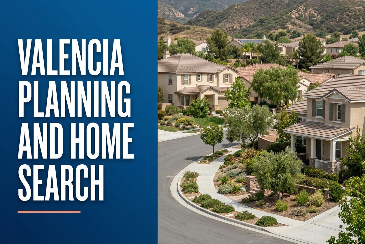 A split design with a blue panel on the left featuring white text and a coral line, next to a photo of suburban homes and hills in Valencia.