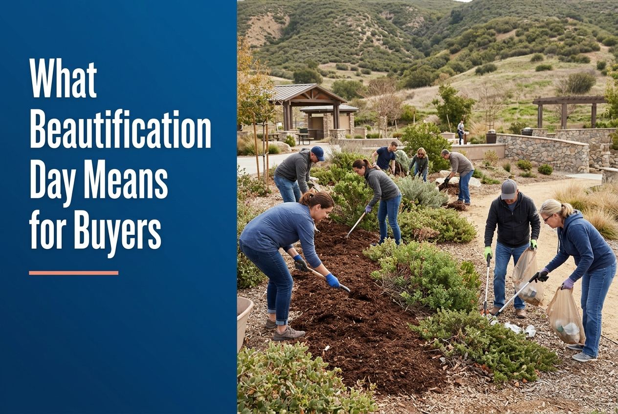 A split-layout blog cover featuring a blue panel with text on the left and volunteers working in a landscaped park on the right.