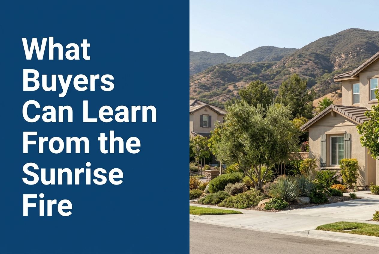 A split cover image with a blue text panel on the left and a photorealistic suburban neighborhood with foothills on the right.