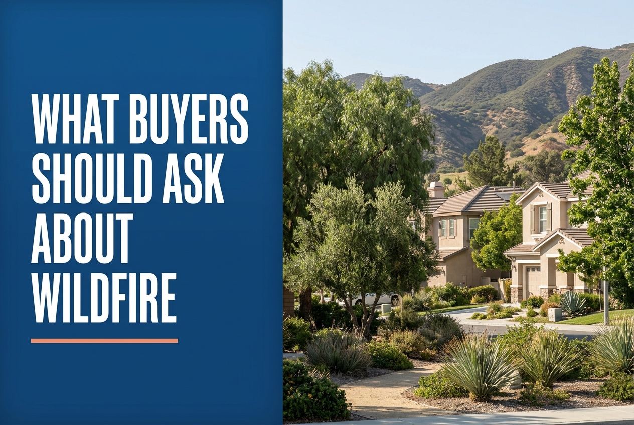 A split-view image showing a blue panel with white text on the left and a Santa Clarita neighborhood with foothills on the right.