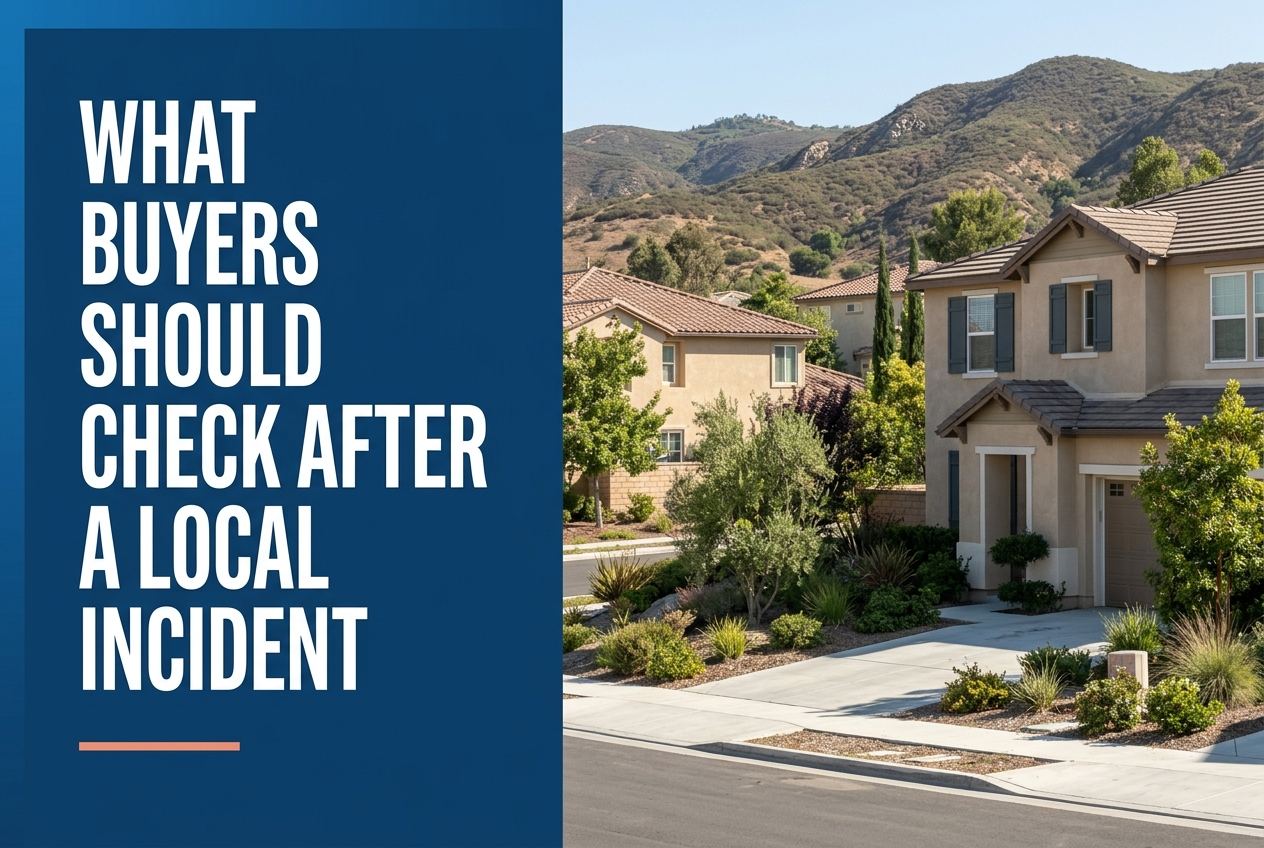 A split cover image with white text on a blue panel on the left, and a photorealistic SCV suburban street scene with hills on the right.