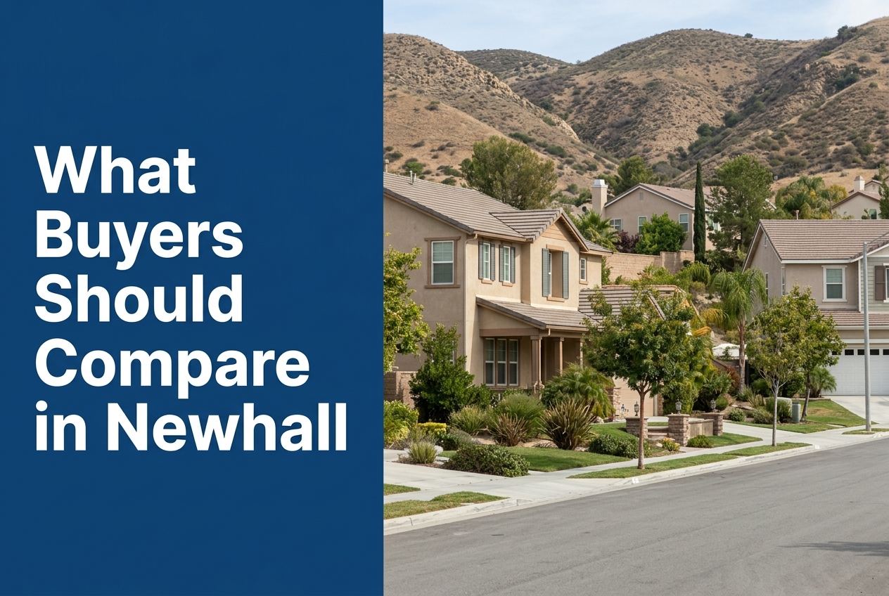 A split cover image with blue left panel text 'What Buyers Should Compare in Newhall' and a Santa Clarita residential streetscape on the right.