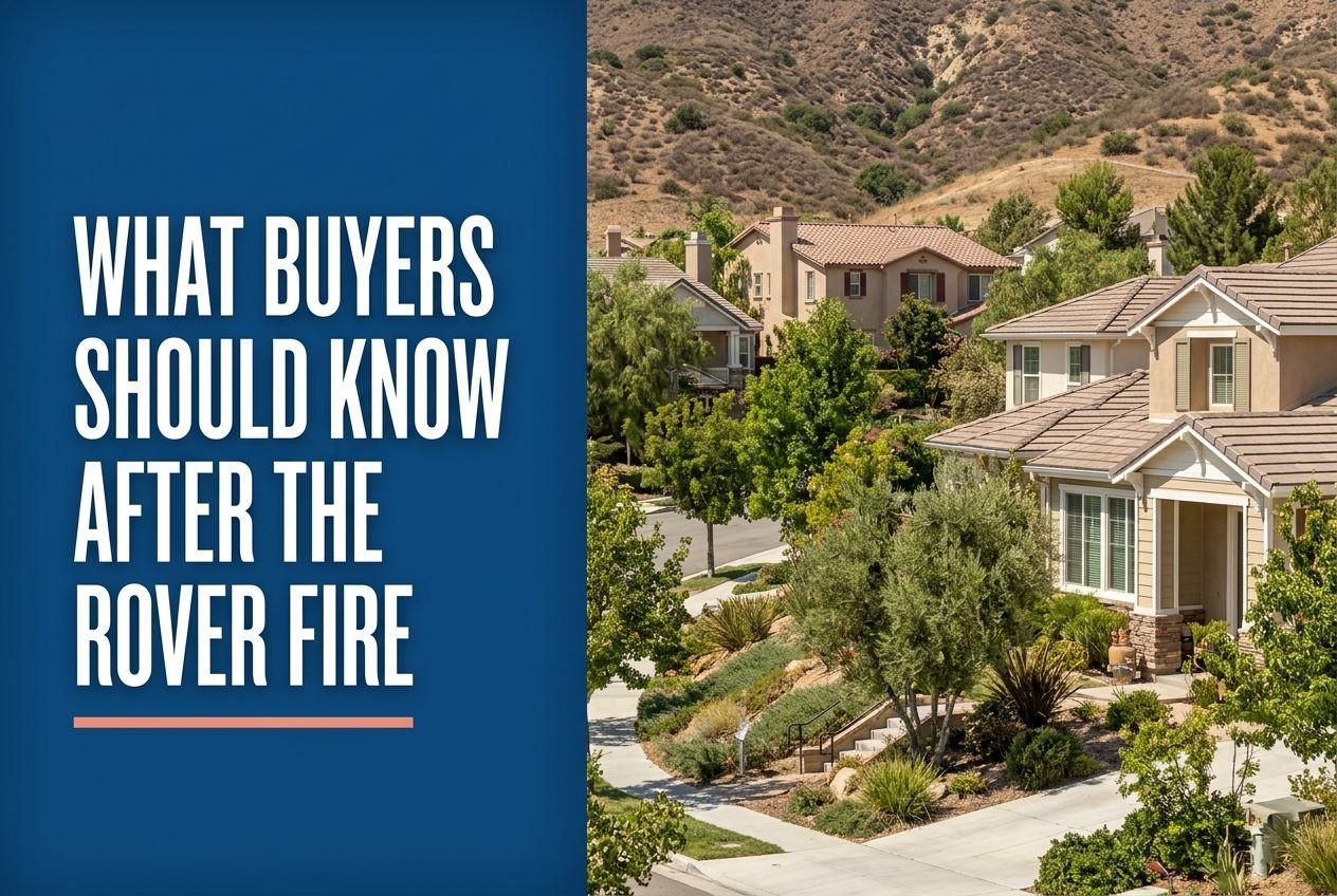 A split-panel blog cover with a blue title panel on the left and a photorealistic image of Santa Clarita suburban homes on the right.