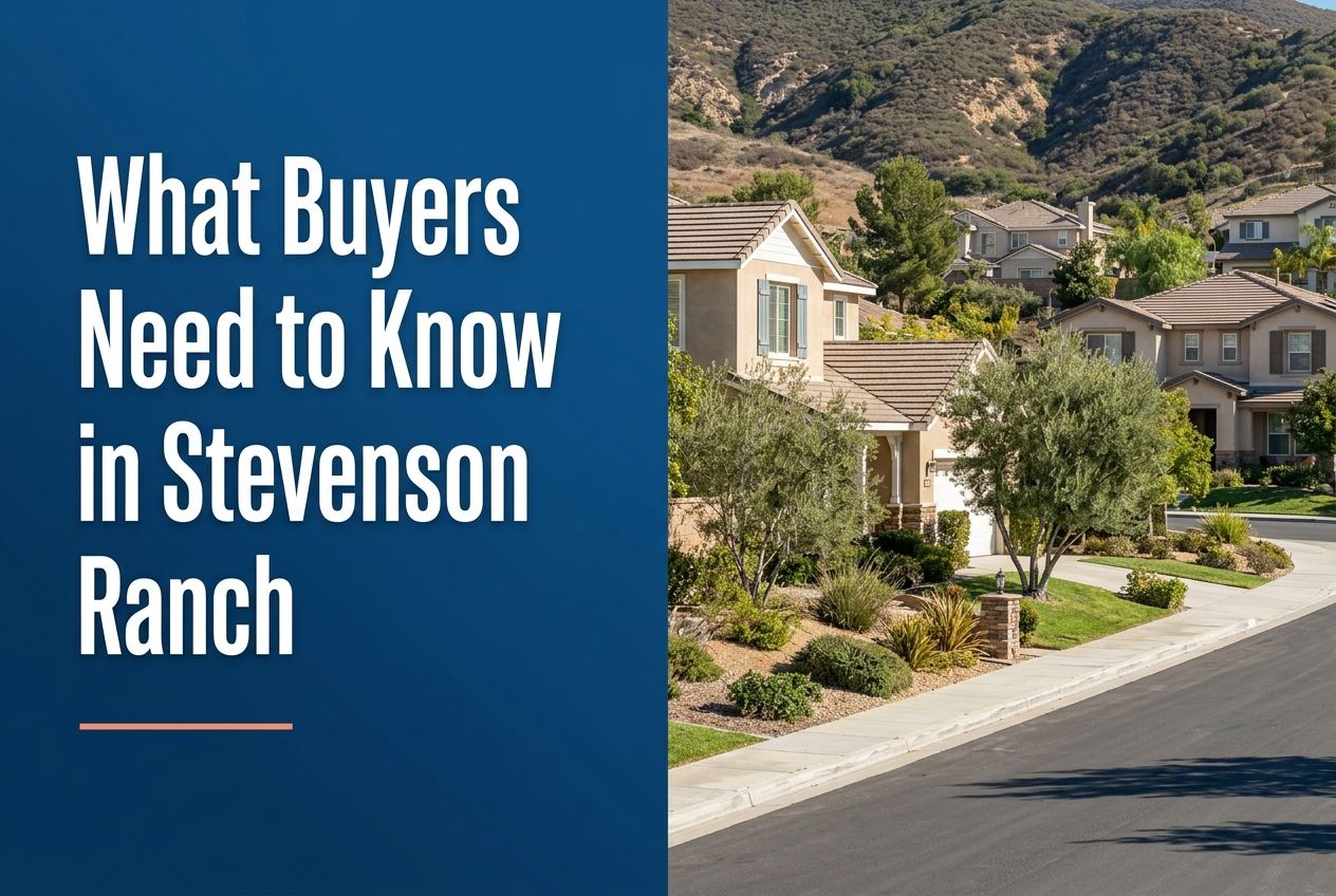 A split-layout blog cover featuring a dark blue panel with white text on the left and a sunny Stevenson Ranch residential street on the right.