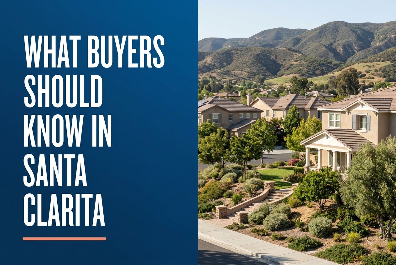 A split-screen graphic with a dark blue left panel featuring white condensed text 'WHAT BUYERS SHOULD KNOW IN SANTA CLARITA' over a coral line.