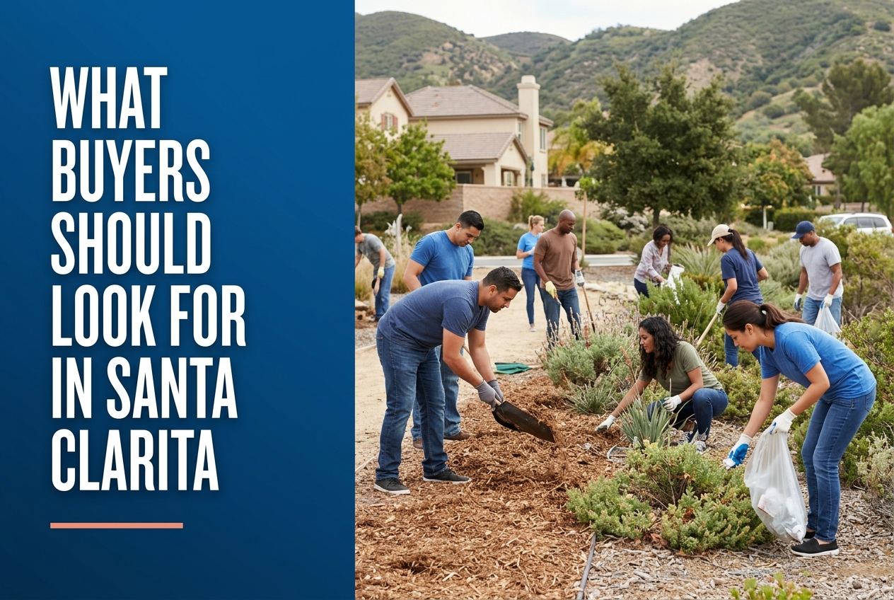 A diverse group of community volunteers cleaning and landscaping a park in Santa Clarita, California, against a backdrop of foothills.