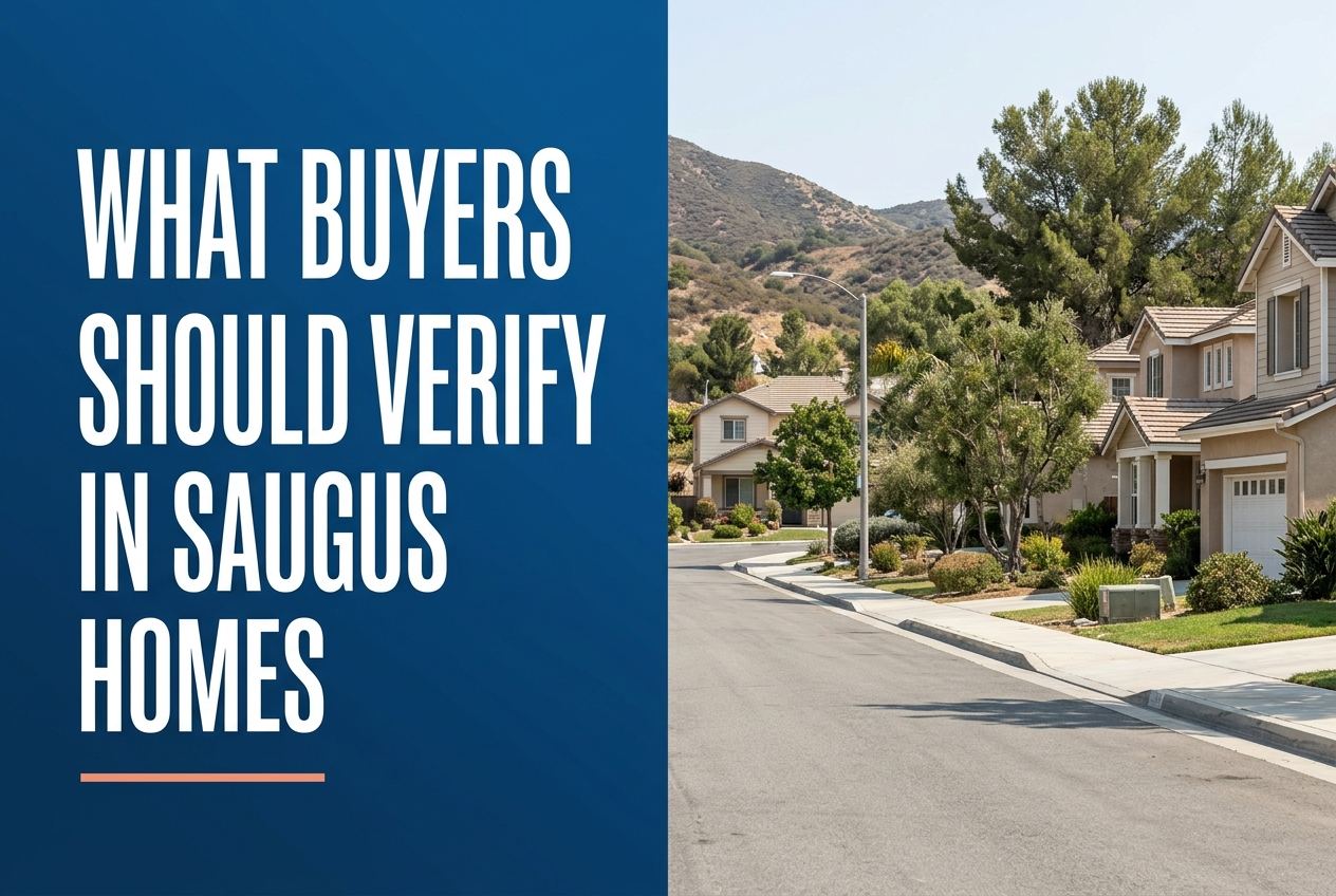 A split-panel editorial graphic featuring the text 'WHAT BUYERS SHOULD VERIFY IN SAUGUS HOMES' on a blue background next to a Saugus streetscape.