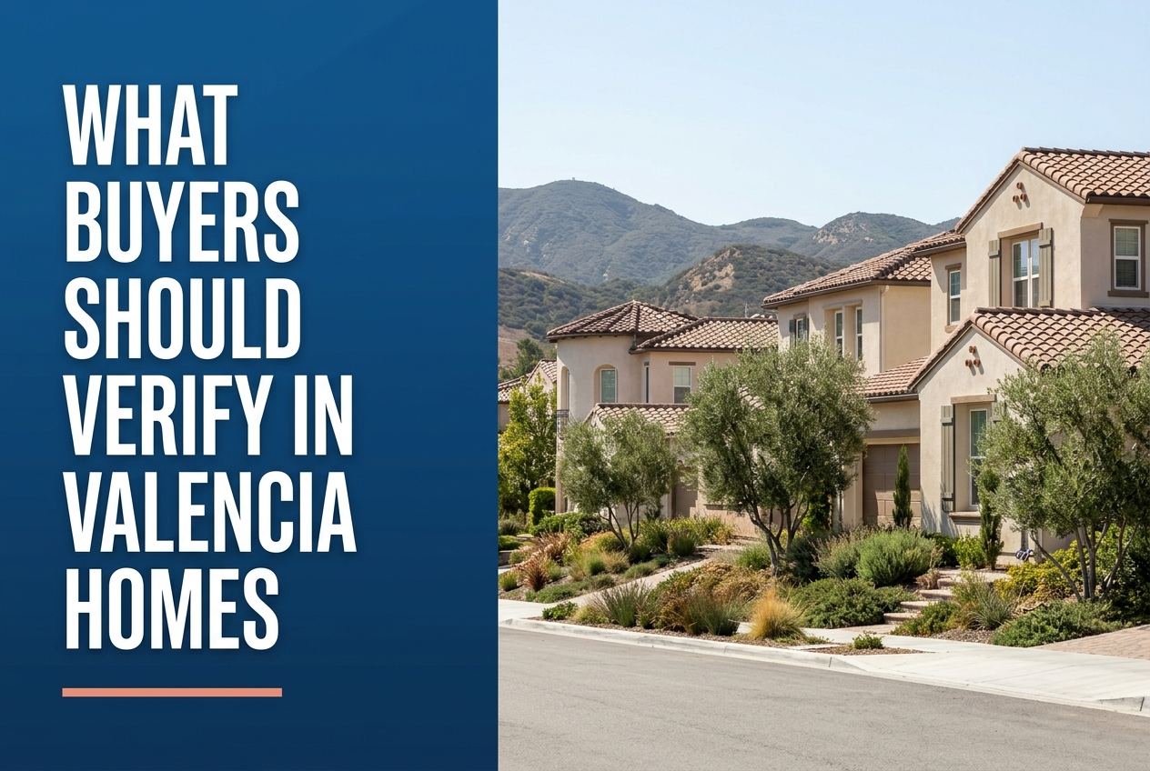 A split cover with a dark blue left panel featuring white text and a coral line, and a right panel showing stucco houses near Santa Clarita hills.