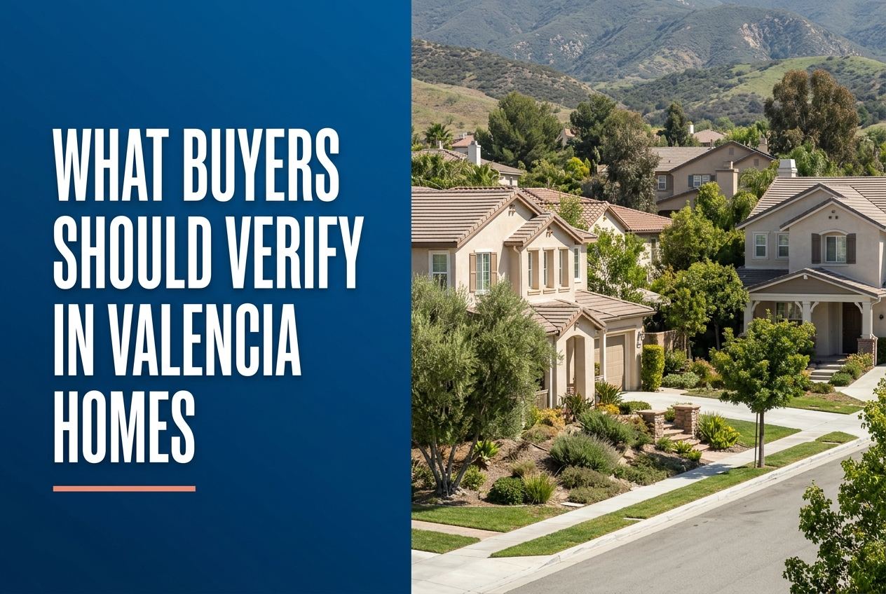 A deep blue panel on the left with white condensed text 'WHAT BUYERS SHOULD VERIFY IN VALENCIA HOMES' and a coral line, next to a California suburb.