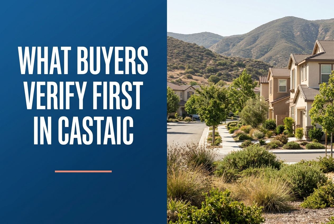 A split-view image with a dark blue left panel featuring white condensed text and a coral line, and a sunny Castaic residential street.