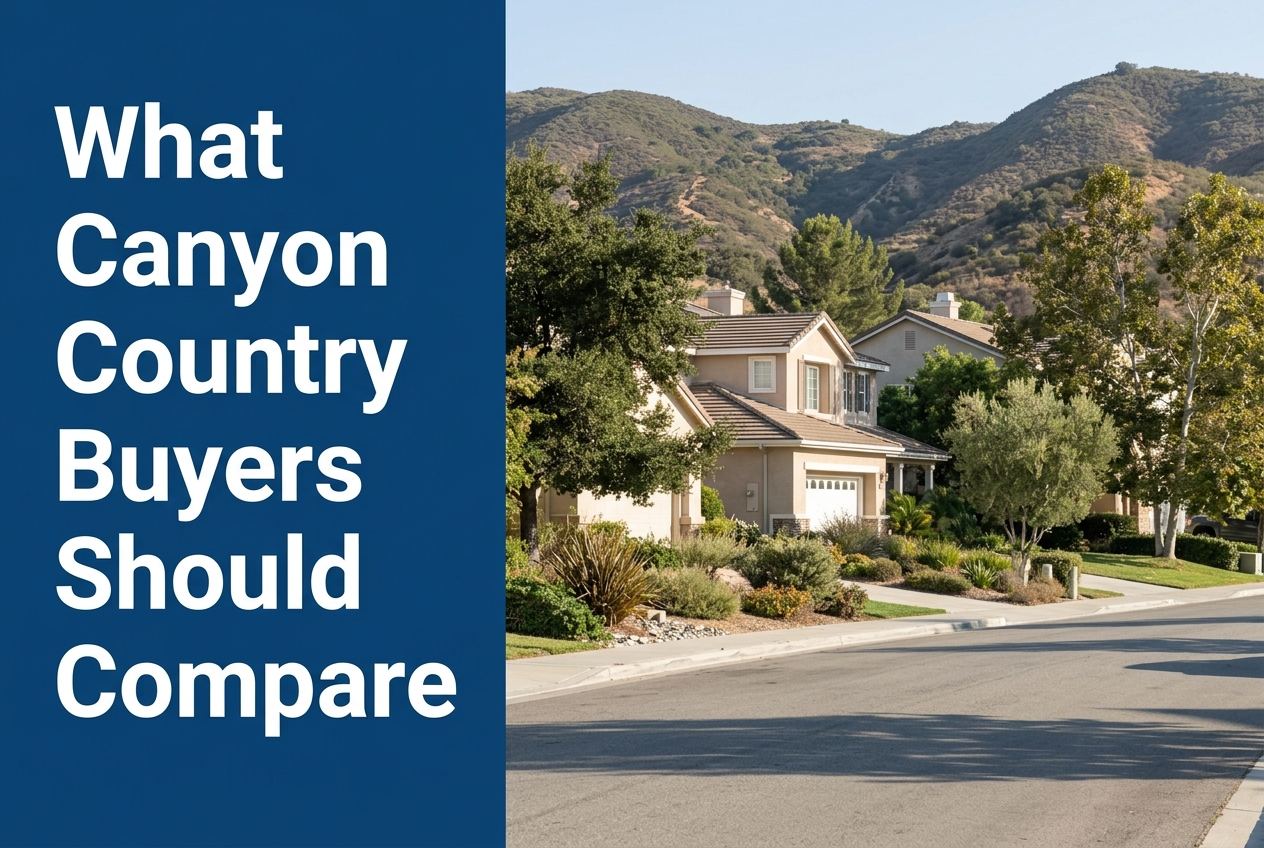 Canyon Country, California residential street, used for an article titled What Canyon Country Buyers Should Compare.