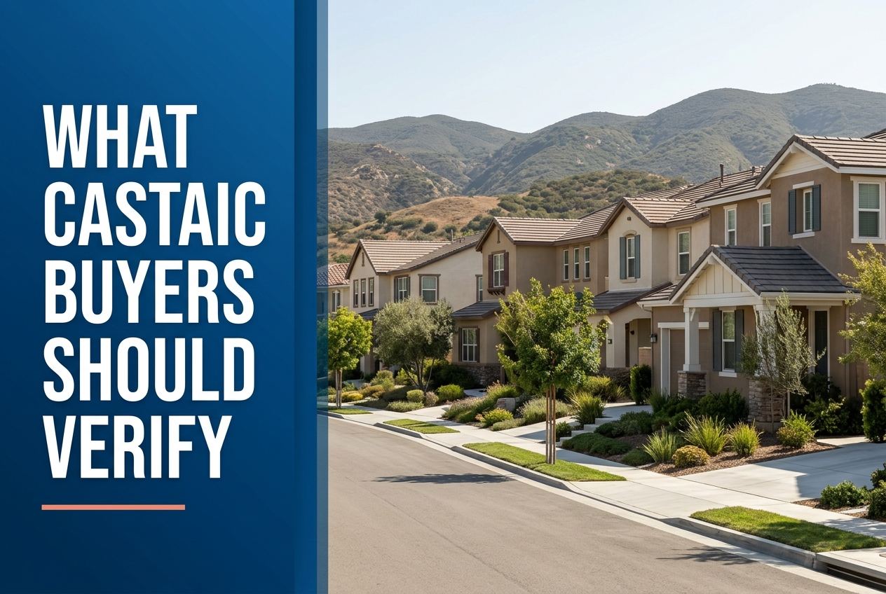A split-panel editorial cover featuring a deep blue left side with white bold text and a photo of Castaic-style houses with foothills.