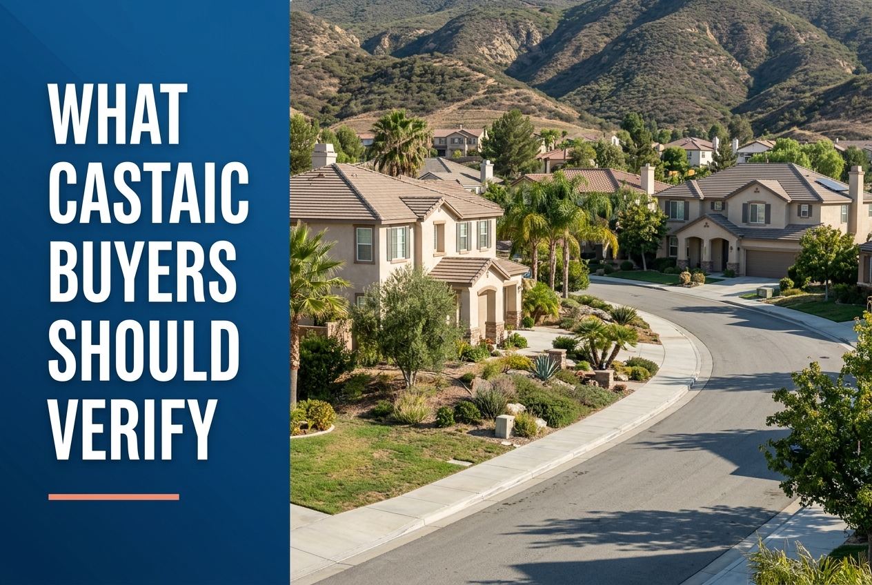 A split-view image with a dark blue left panel containing white text 'WHAT CASTAIC BUYERS SHOULD VERIFY' and a residential street view on the right.