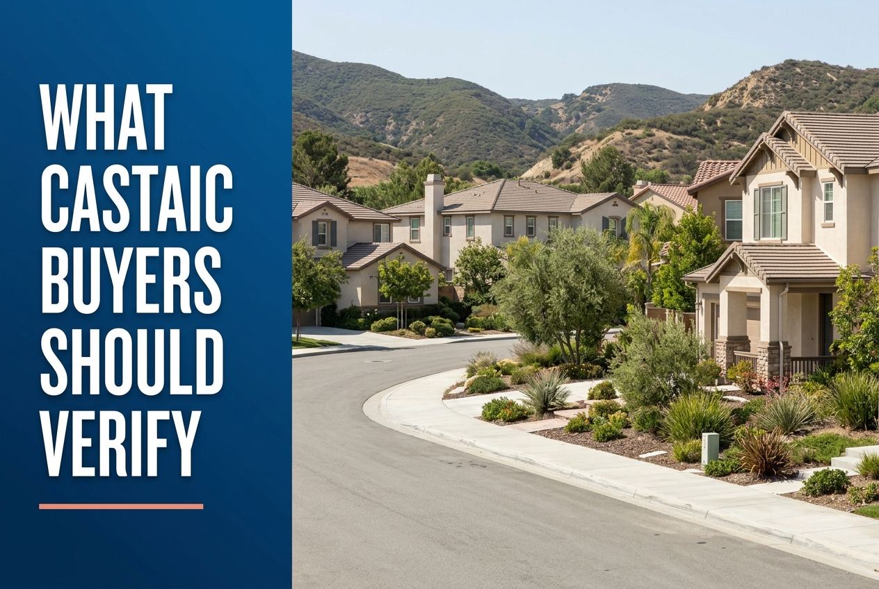 A deep blue panel with white text reads 'WHAT CASTAIC BUYERS SHOULD VERIFY' above a coral line; next to a street scene of suburban California homes.