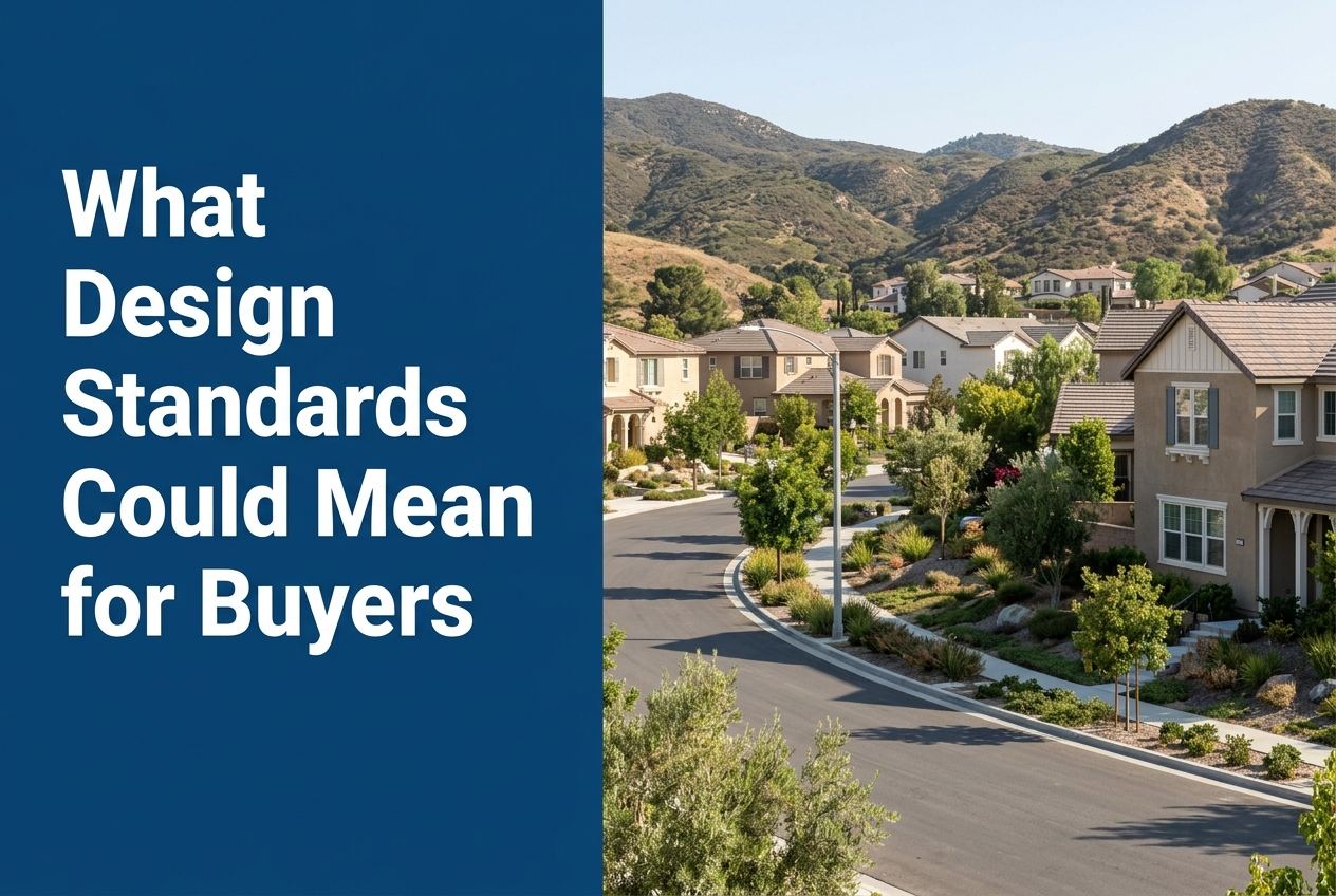 A split-layout blog cover featuring a blue text panel on the left and a photorealistic view of a Santa Clarita suburban neighborhood on the right.