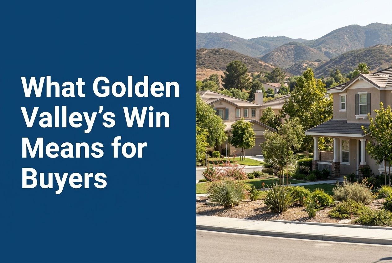A split-view image showing a blue panel with white text on the left and a sunny Santa Clarita residential street with hills on the right.
