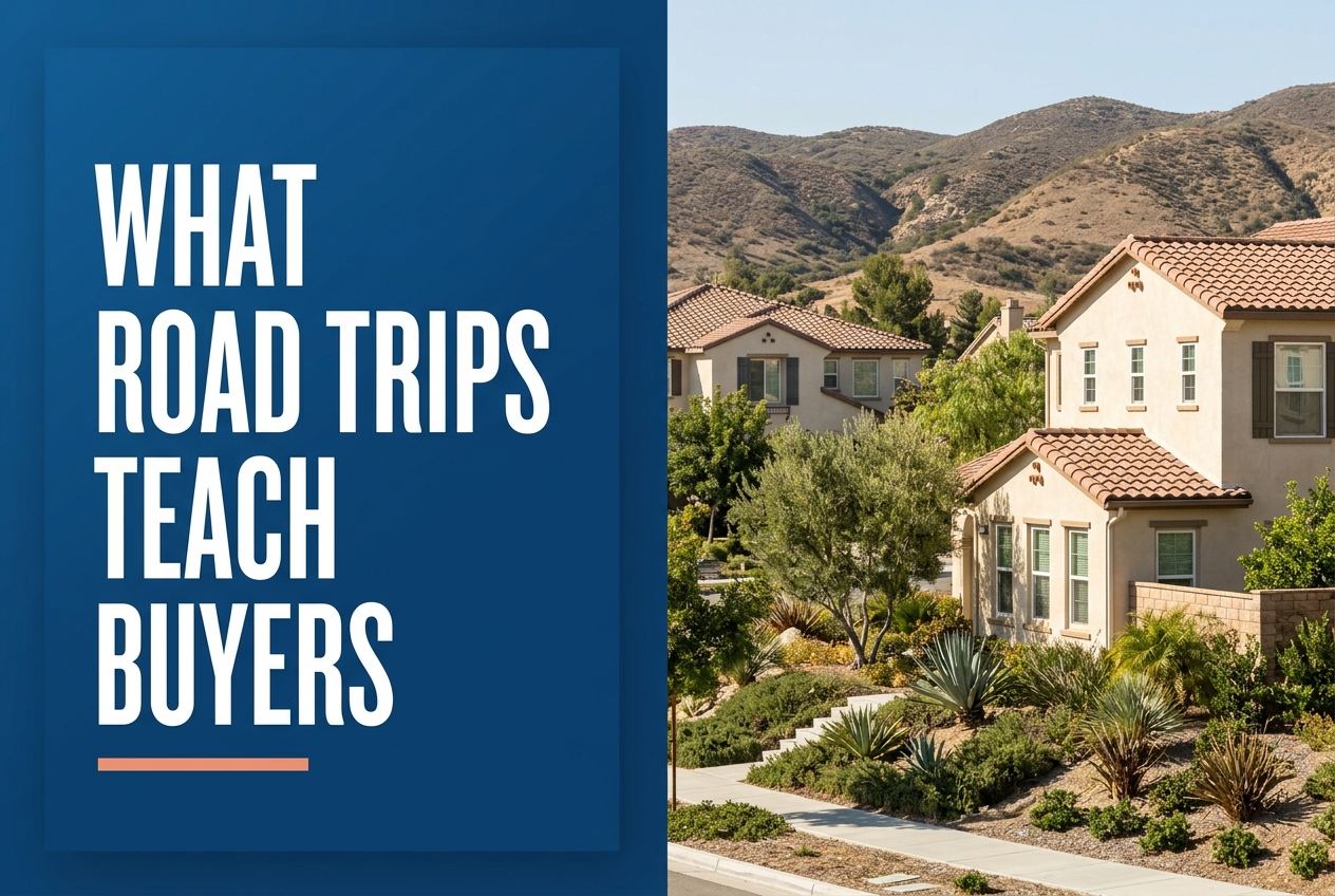 A split-layout blog cover featuring a blue text panel on the left and a residential Santa Clarita neighborhood with foothills on the right.