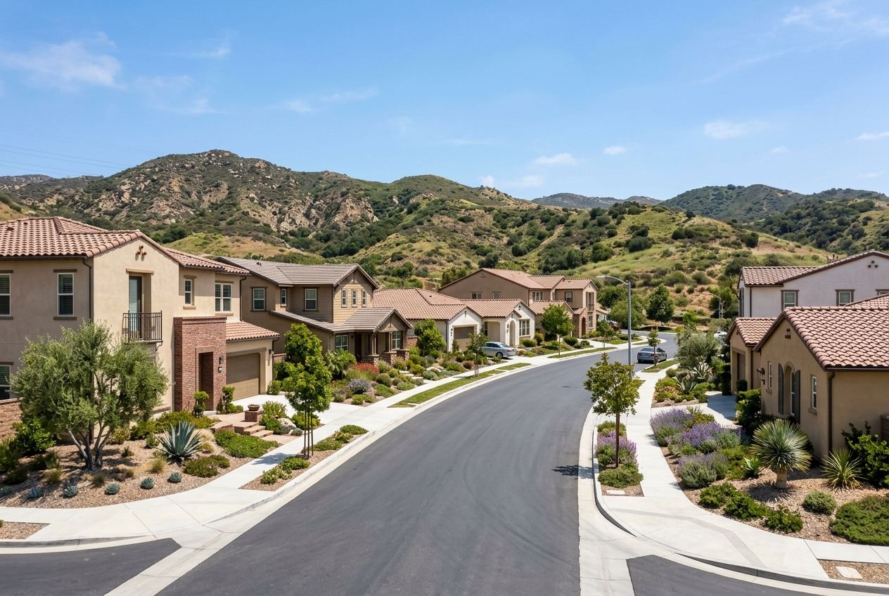 A wide exterior view of a suburban neighborhood with stucco houses, tile roofs, and drought-tolerant landscaping in Southern California.