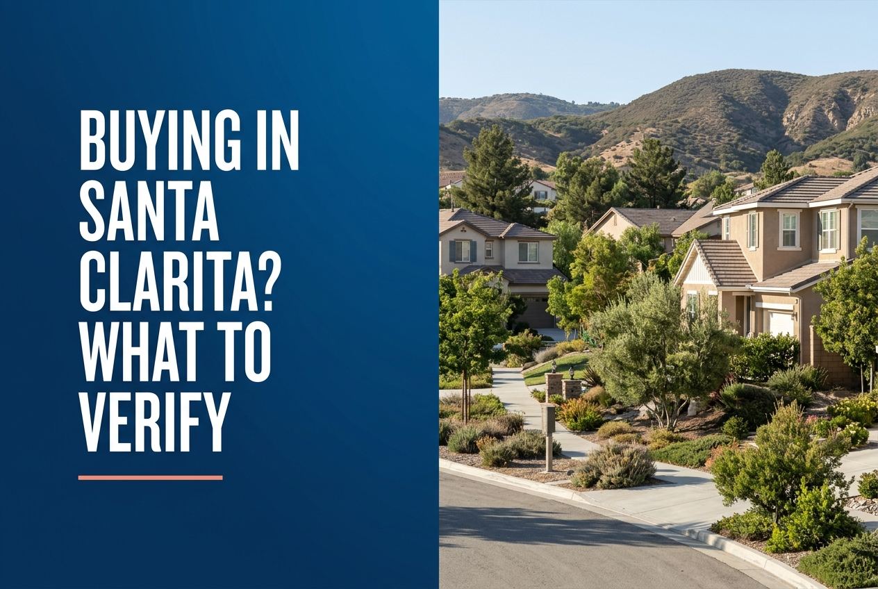 A split-view image showing a blue panel with text on the left and a residential neighborhood with hills in Santa Clarita on the right.