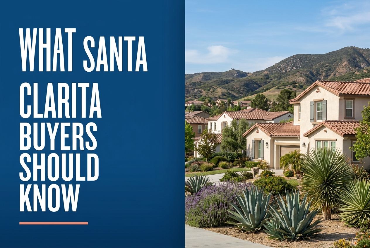 A deep blue panel with white text reads What Santa Clarita Buyers Should Know above a coral line; to the right, Santa Clarita suburban homes.