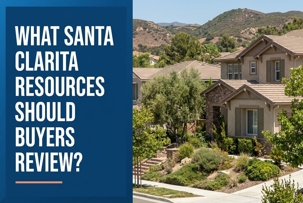 A split-view image with a dark blue left panel featuring white text and a coral line, and a sunny Santa Clarita residential street scene.