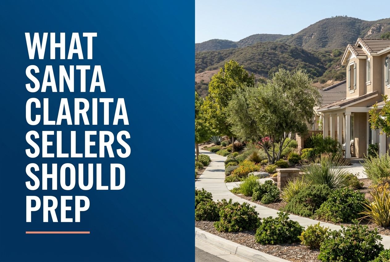 A deep blue panel with white text reads 'What Santa Clarita Sellers Should Prep' above a coral line, next to a Santa Clarita home and landscape.