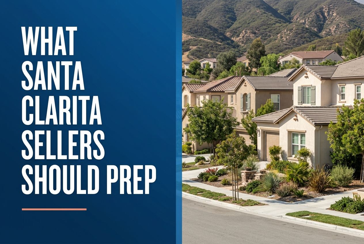 A split-screen graphic with a dark blue left panel containing white bold text and a photo of a Santa Clarita neighborhood on the right.