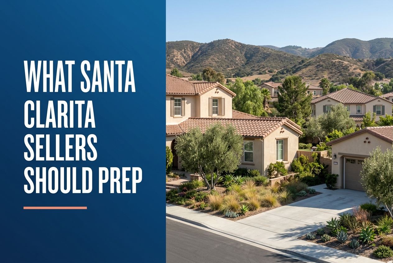 A split-view image with a dark blue left panel featuring white text and a right panel showing a suburban house with drought-aware landscaping.