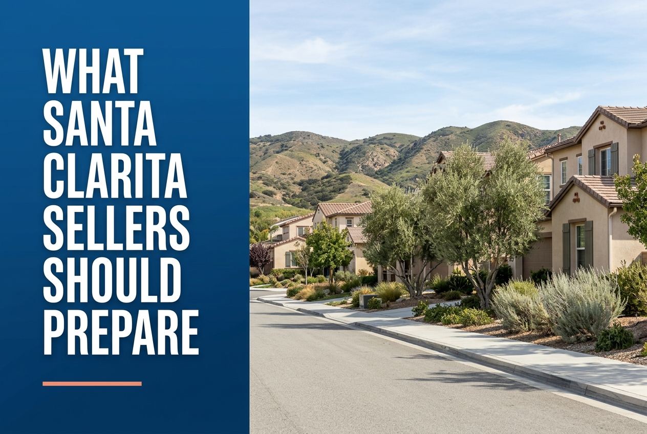 A deep blue panel with white text reads 'WHAT SANTA CLARITA SELLERS SHOULD PREPARE' over a Santa Clarita neighborhood with hills in the back.