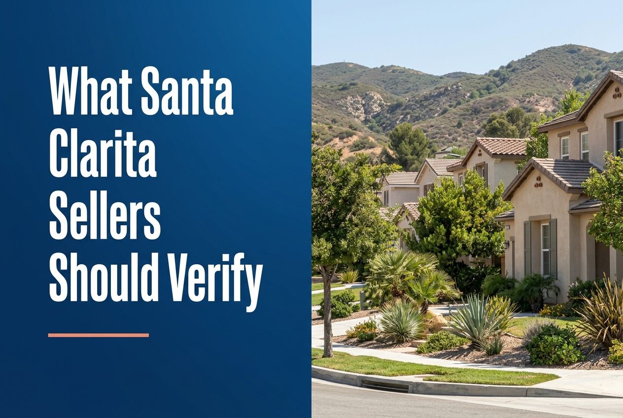 A split-layout blog cover featuring a blue panel on the left with white text and a coral line, and a Santa Clarita neighborhood on the right.