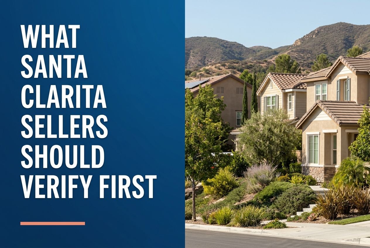 Deep blue panel with white text on the left, next to a Santa Clarita hillside neighborhood with stucco homes and drought-tolerant plants.