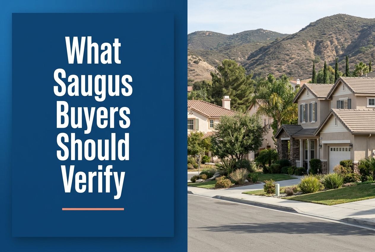 Deep blue panel with white text 'What Saugus Buyers Should Verify' next to a sunny residential street scene with Saugus-style houses.