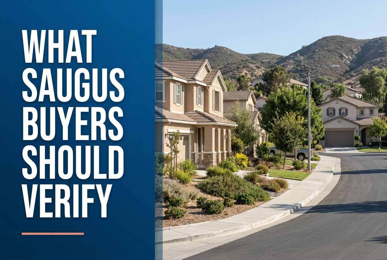A split-screen editorial cover showing blue panel text on the left and a photorealistic view of a Saugus residential street on the right.