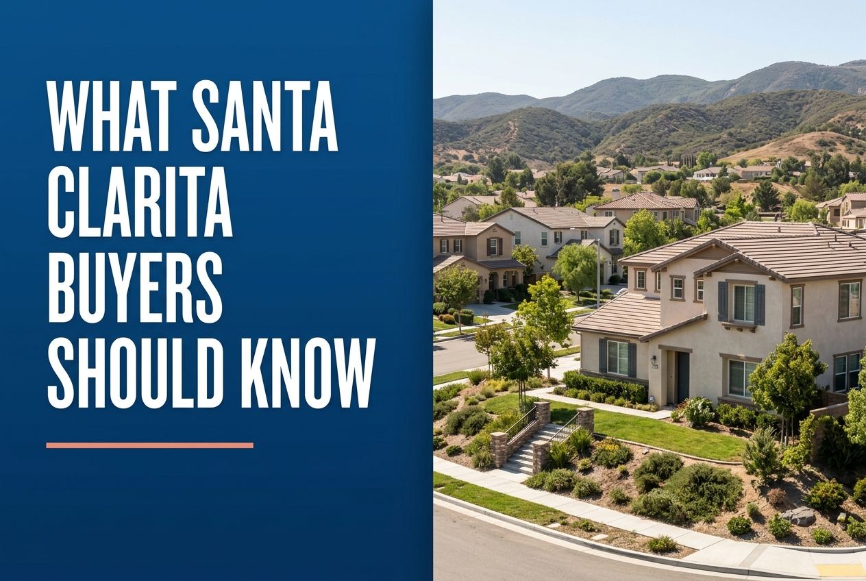 A split-screen editorial graphic with a blue text panel on the left and a sunny suburban Santa Clarita housing development scene on the right.