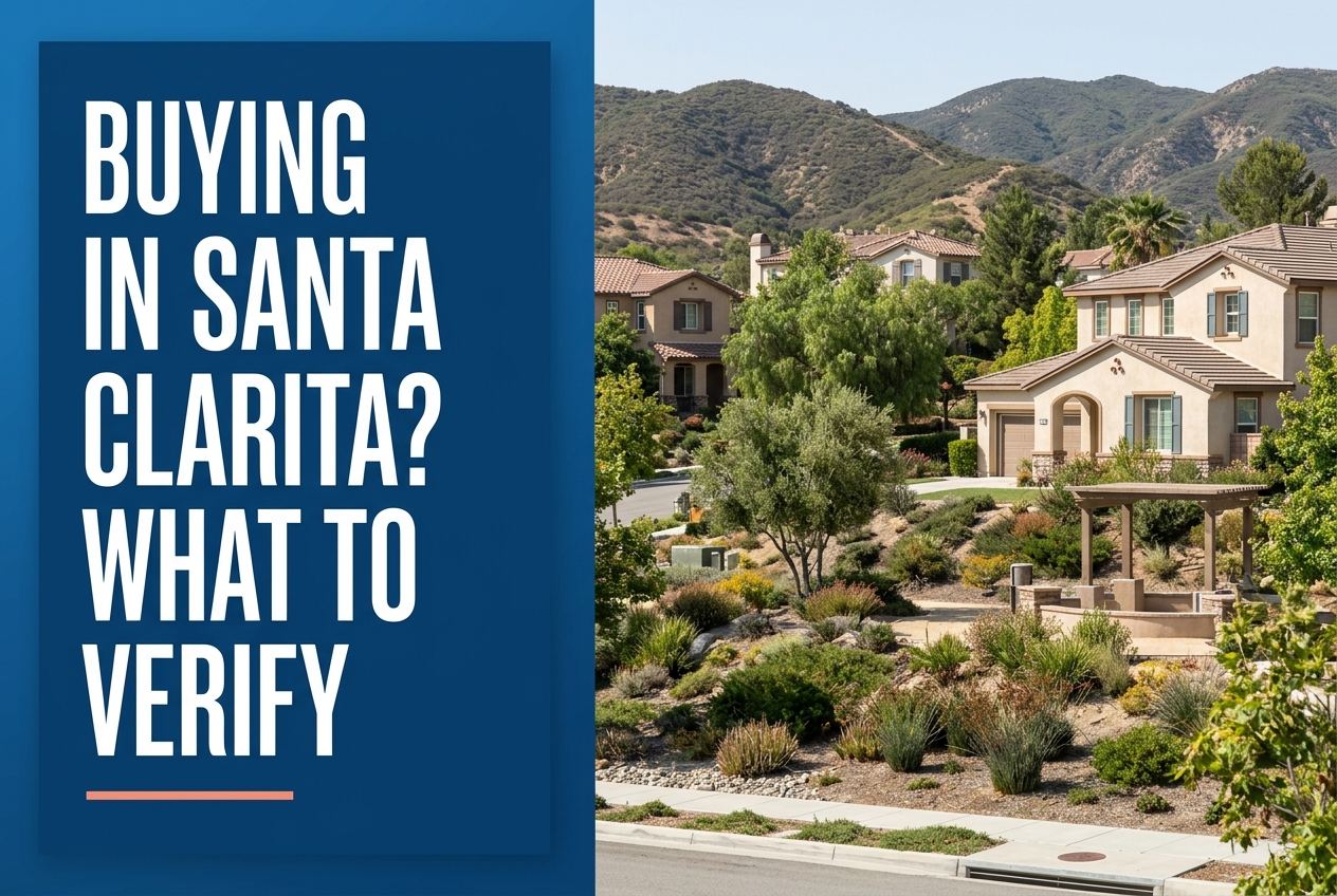 A split-view image with a dark blue left panel titled 'BUYING IN SANTA CLARITA? WHAT TO VERIFY' and a right panel showing SCV suburban houses.