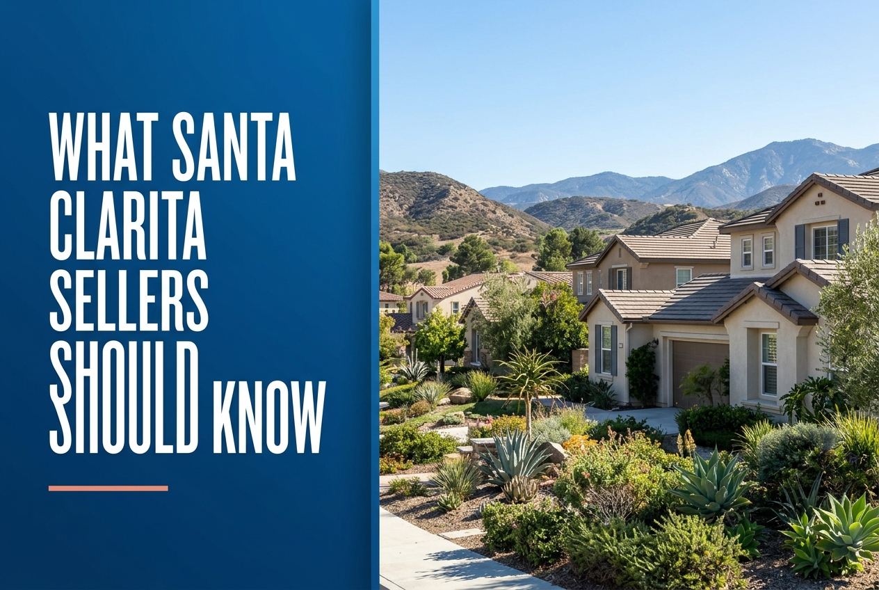 A split-view image with a dark blue left panel featuring white text and a coral line, next to a photo of Santa Clarita suburban homes.