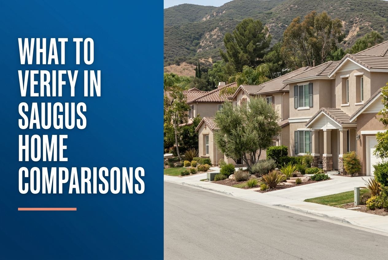 A split-layout image featuring white bold text on a blue background on the left, and a residential street with suburban homes and hills on the right.