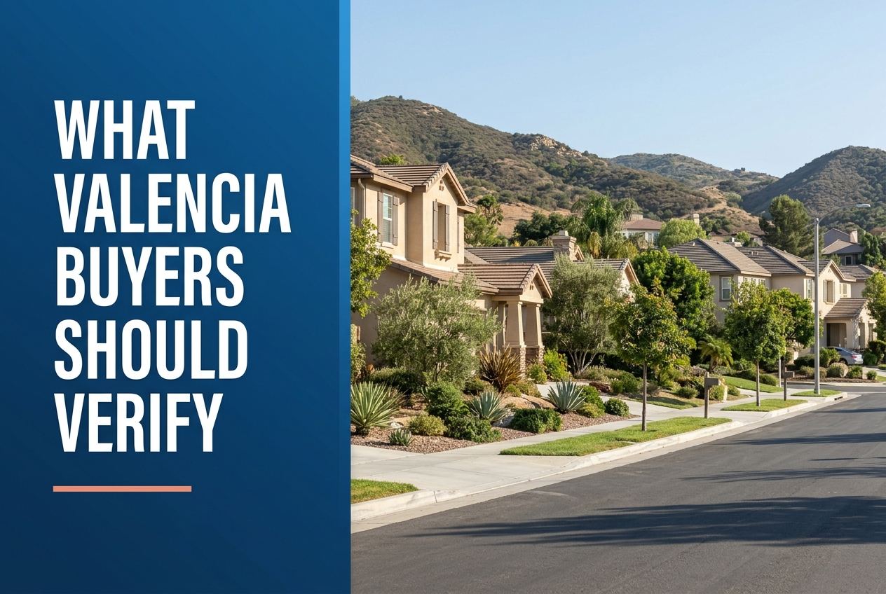 A split-panel design with deep blue text on the left and a photorealistic residential street in Valencia, CA, with foothills on the right.