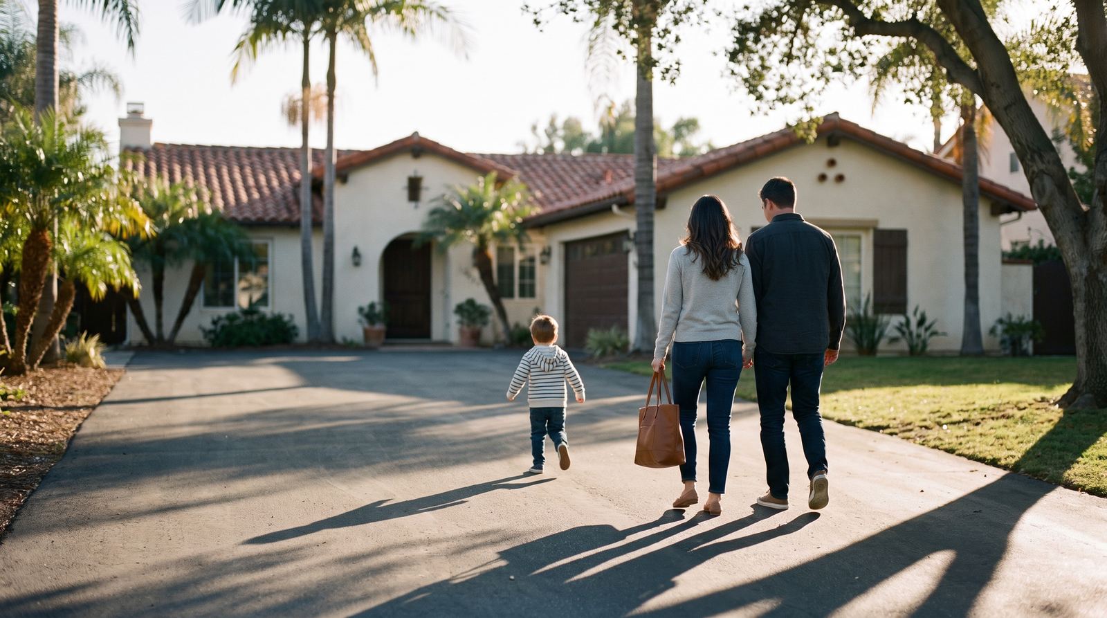 A family walking up the driveway of a Southern California home