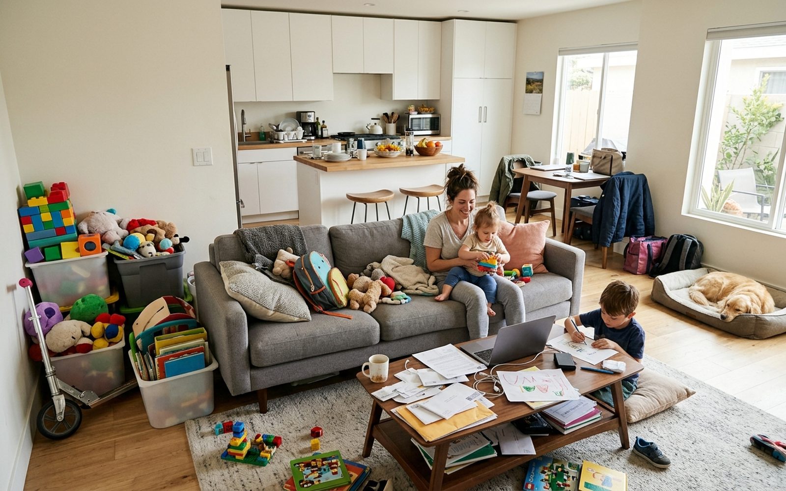 A small living room and kitchen crowded with a family's toys, mail and belongings, clearly out of space