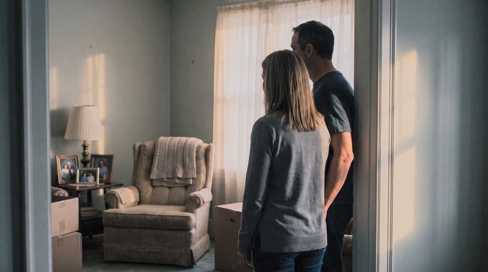 Two adult siblings standing quietly in the doorway of a parent's living room