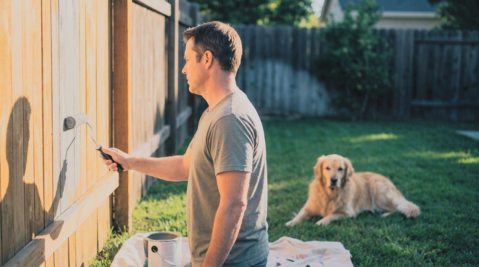A man painting a backyard fence while his dog watches from the grass