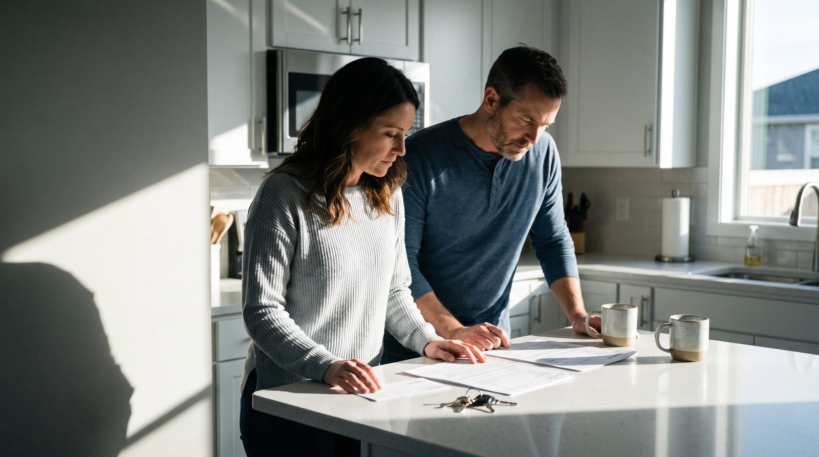 A couple reviewing paperwork at a kitchen island with house keys beside them